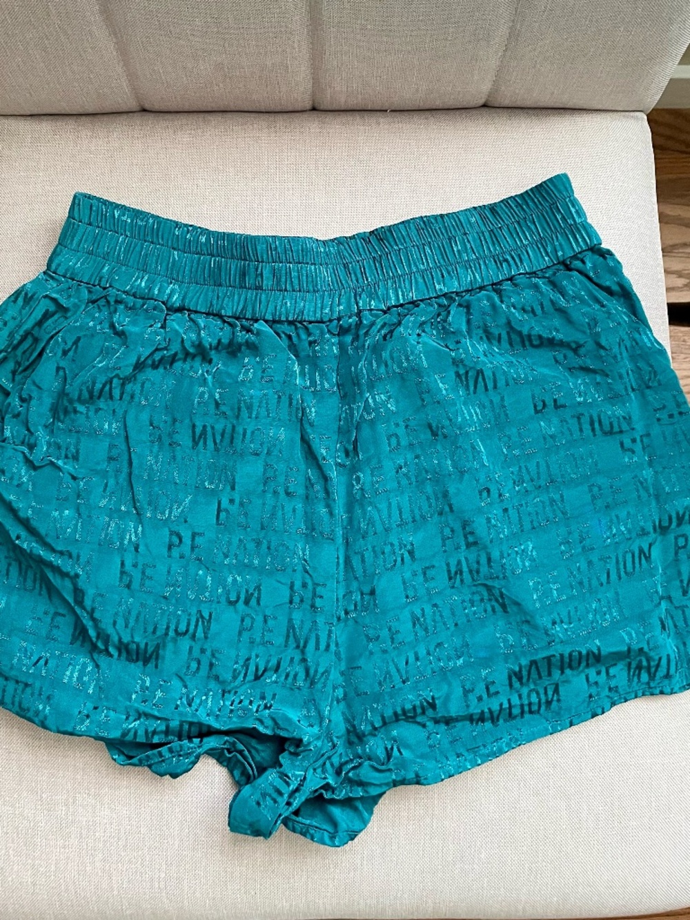 .E Nation Teal Jacquard Logo Print Shorts Silky Satin Elastic Waist Size S